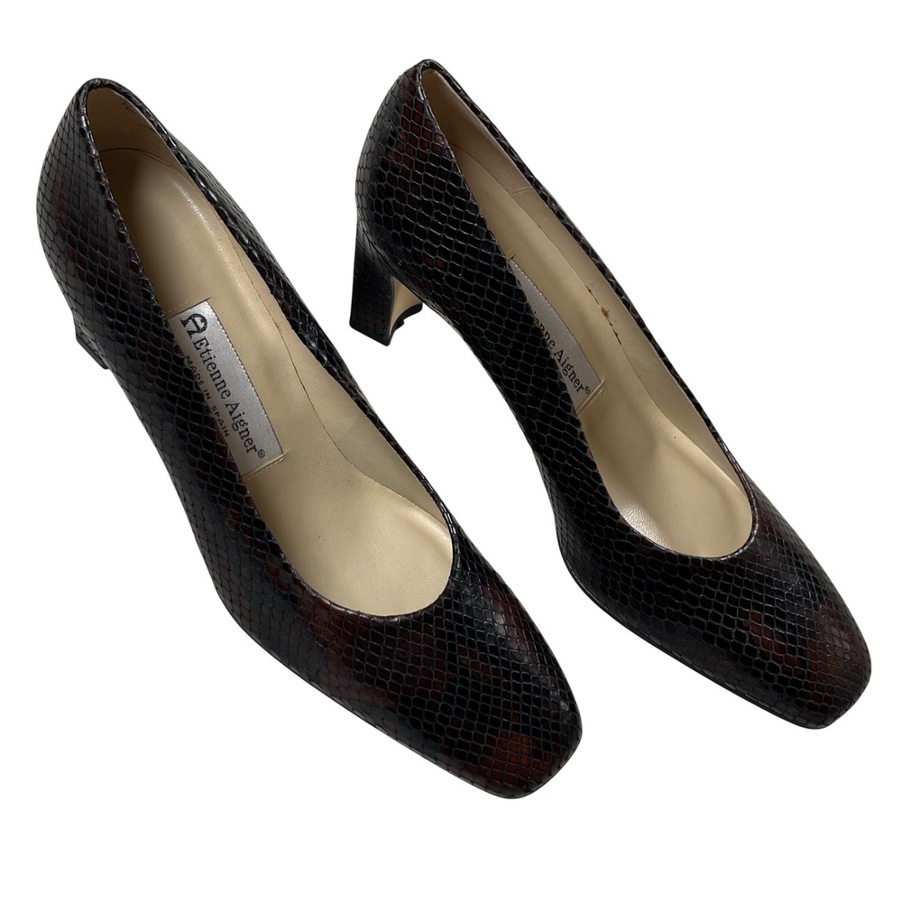 Etienne Aigner Valencia Pump Women 8.5M Leather Snakeskin Embossed Block Heel
